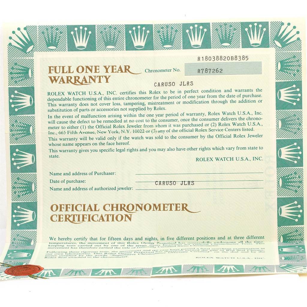 The image shows a full one-year warranty certificate for the Rolex President 18038 Men's Yellow Gold Champagne Dial 18038 Men's Yellow Gold Champagne Dial model watch.