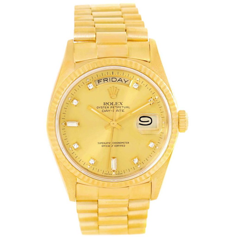 Rolex President Day-Date 18k Yellow Gold Diamond Watch 18038 Box Papers SwissWatchExpo