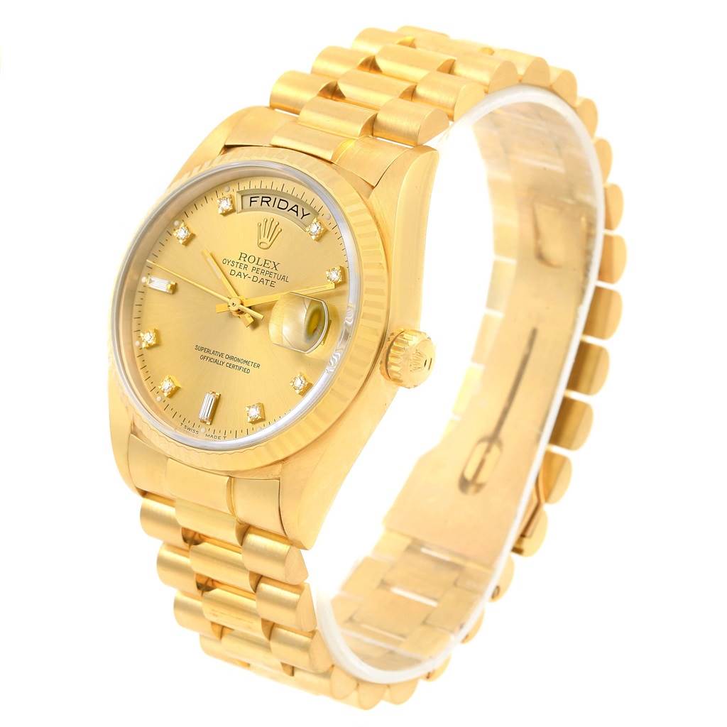 The image shows a Rolex President 18038 Men's Yellow Gold Champagne Dial 18038 Men's Yellow Gold Champagne Dial model watch from an angled side and top view, displaying the bracelet, dial, and crown.