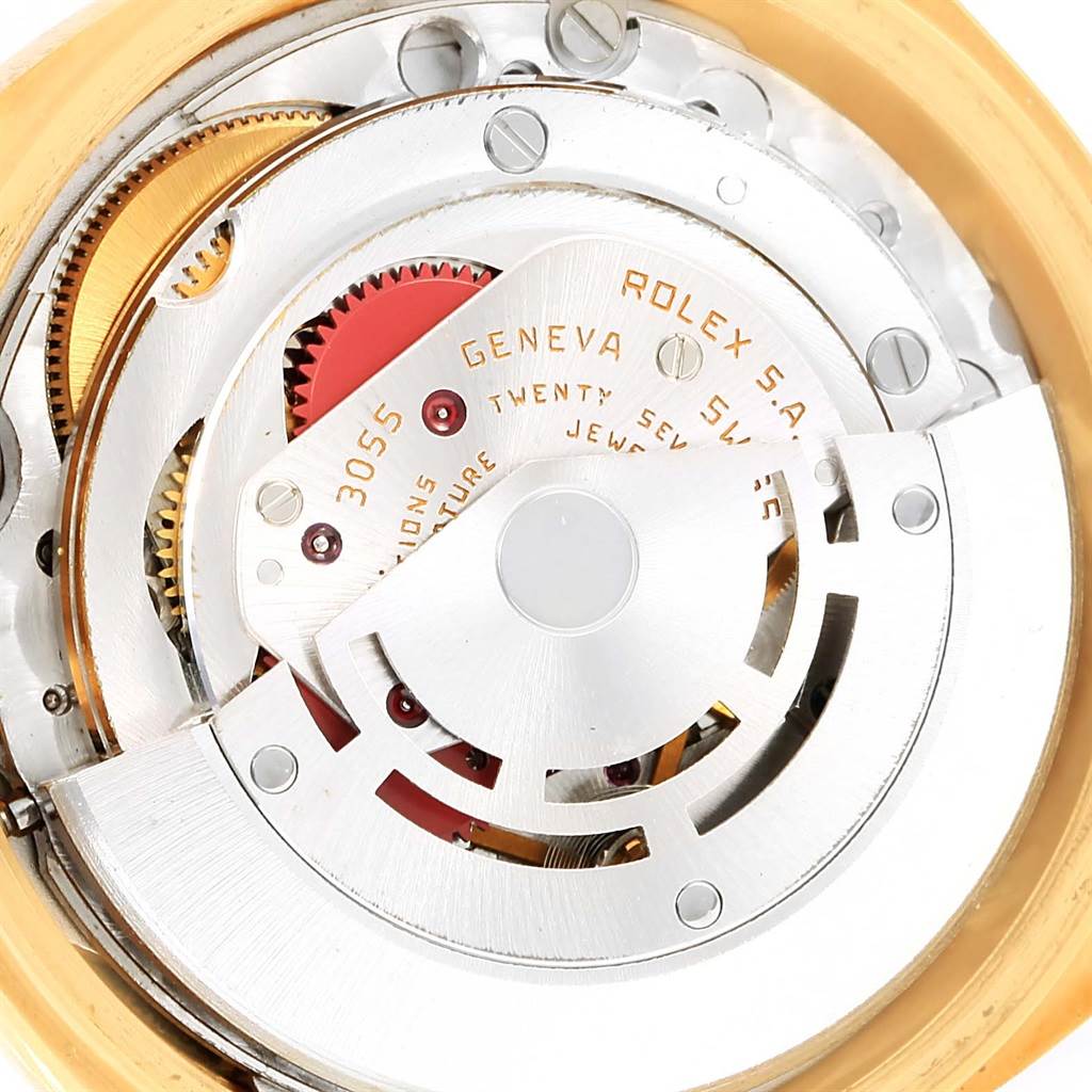 This image shows the inner mechanical movement of a Rolex President 18038 Men's Yellow Gold Champagne Dial 18038 Men's Yellow Gold Champagne Dial model watch from a top-down angle.