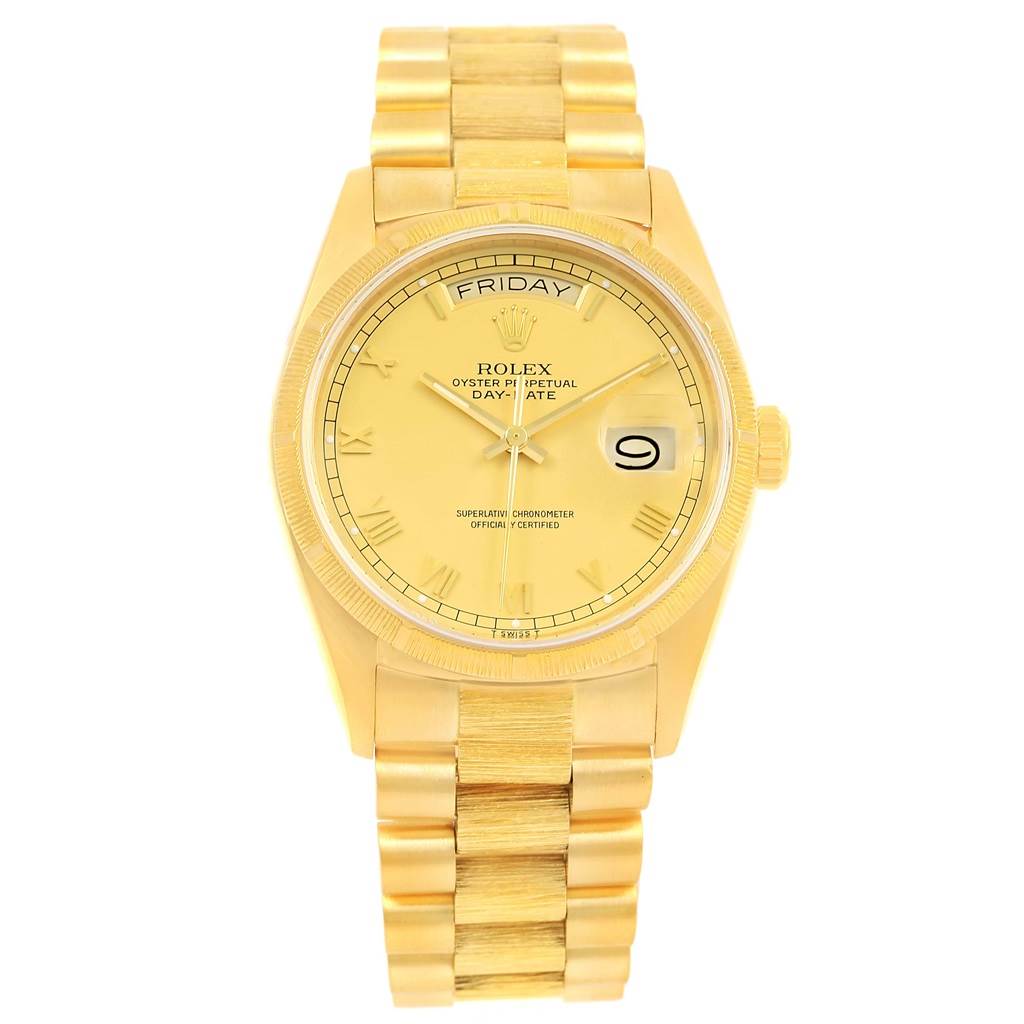 This image shows a front view of a gold Rolex President 18078 Men's Yellow Gold Champagne Dial 18078 Men's Yellow Gold Champagne Dial model watch, displaying its face, bezel, bracelet, and crown.
