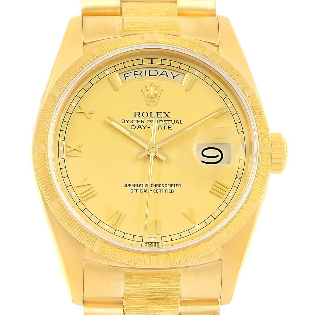 This image shows a frontal view of a Rolex President 18078 Men's Yellow Gold Champagne Dial 18078 Men's Yellow Gold Champagne Dial model watch, featuring the dial, case, bezel, and part of the bracelet.