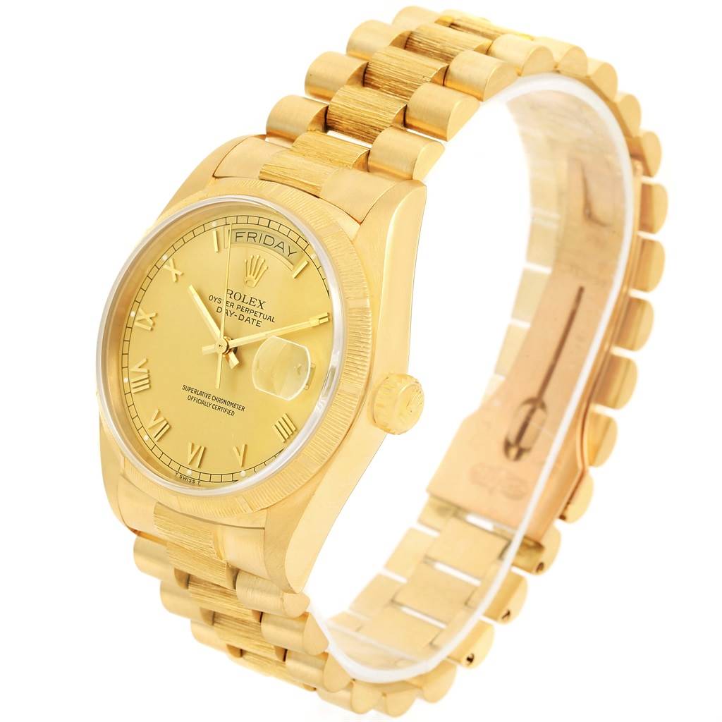 This Rolex President 18078 Men's Yellow Gold Champagne Dial 18078 Men's Yellow Gold Champagne Dial model watch is shown at a three-quarter angle, displaying the bracelet, dial, and crown.