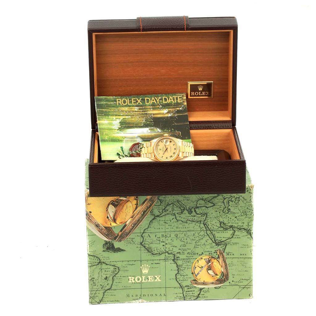 The image shows a Rolex President 18078 Men's Yellow Gold Champagne Dial 18078 Men's Yellow Gold Champagne Dial model watch in an open Rolex box with a booklet visible inside.