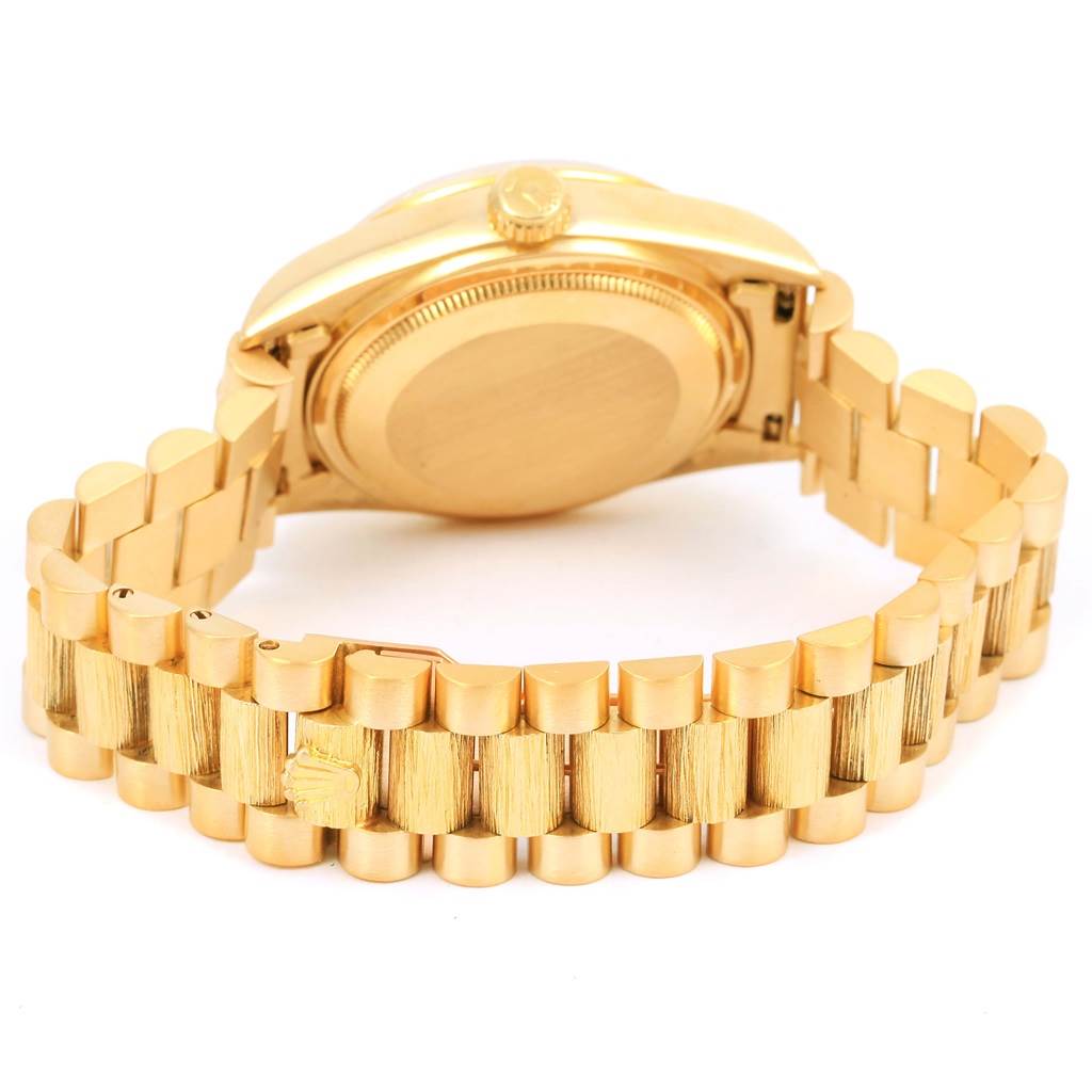 The image shows the case back and bracelet of a Rolex President 18078 Men's Yellow Gold Champagne Dial 18078 Men's Yellow Gold Champagne Dial model watch, viewed from the rear angle.