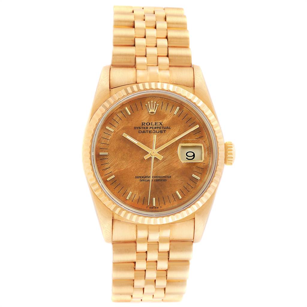This image shows a frontal view of the Rolex President 16238 Men
s Yellow Gold Brown Dial 16238 Men
s Yellow Gold Brown Dial model, displaying the dial, bezel, and bracelet.