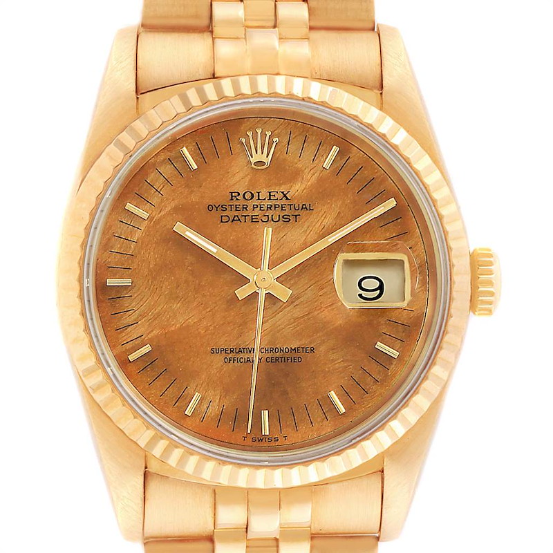 Rolex Date Yellow Gold Burlwood Dial Mens Watch 16238 Box Papers SwissWatchExpo