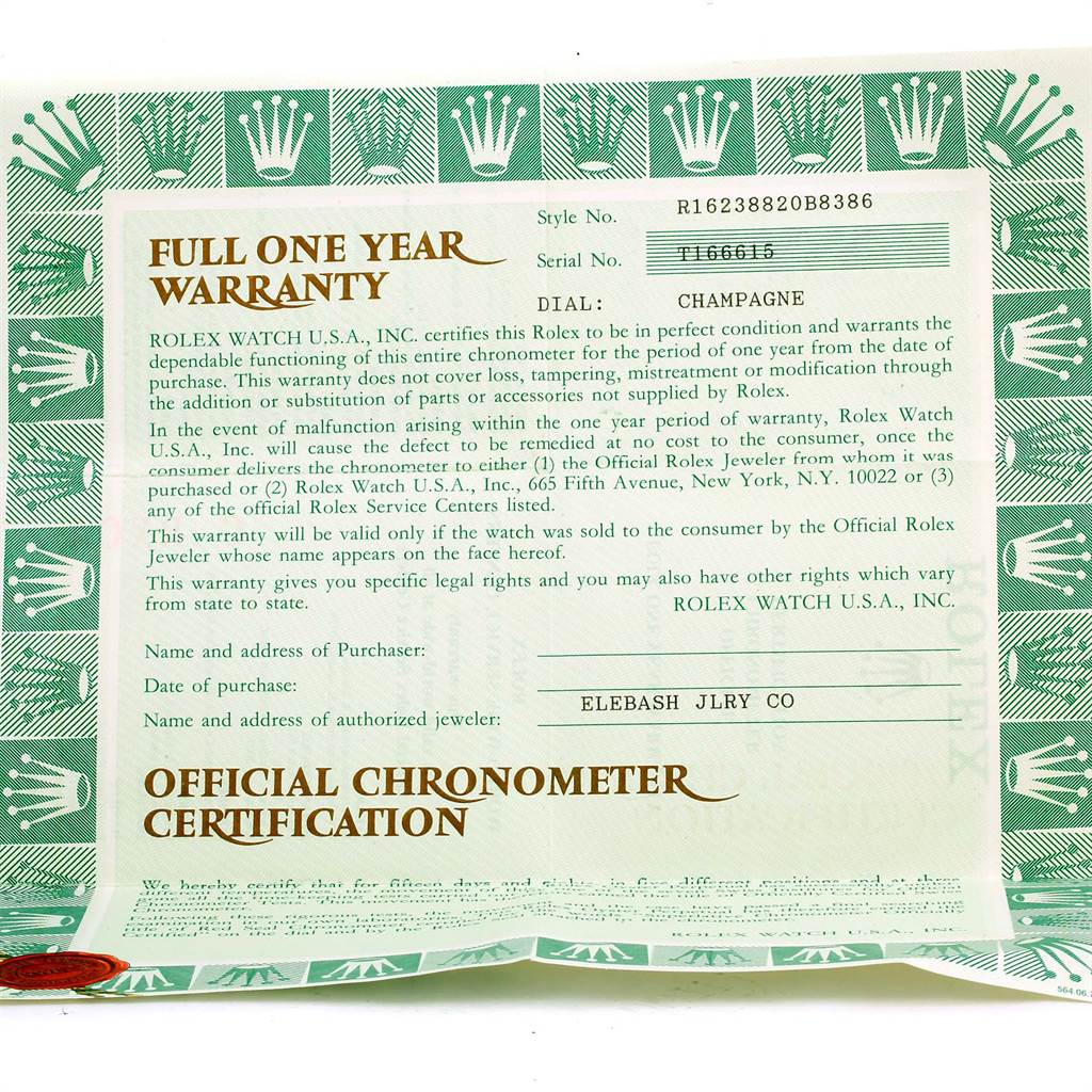 The image shows a "FULL ONE YEAR WARRANTY" certificate for a Rolex President 16238 Men
s Yellow Gold Brown Dial 16238 Men
s Yellow Gold Brown Dial model watch.