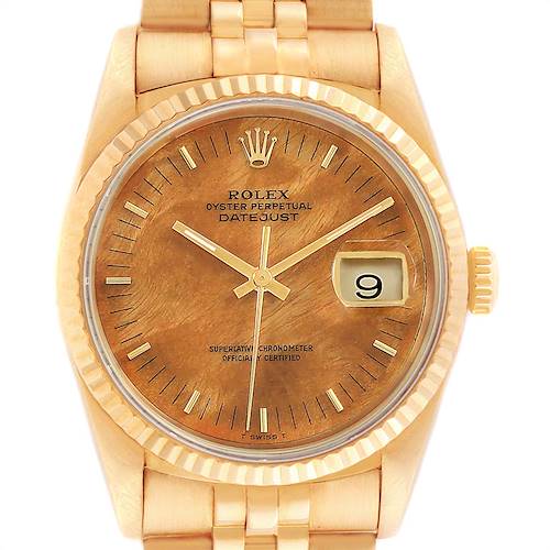 Photo of Rolex Date Yellow Gold Burlwood Dial Mens Watch 16238 Box Papers