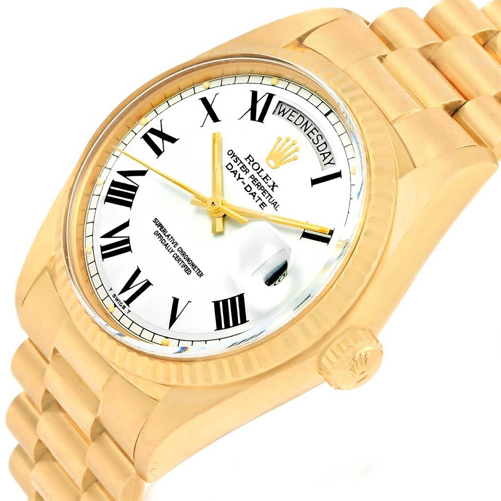 The image shows the Rolex President 1803 Men's Yellow Gold White Dial 1803 Men's Yellow Gold White Dial watch at a slight angle, highlighting the dial, bezel, crown, and part of the bracelet.