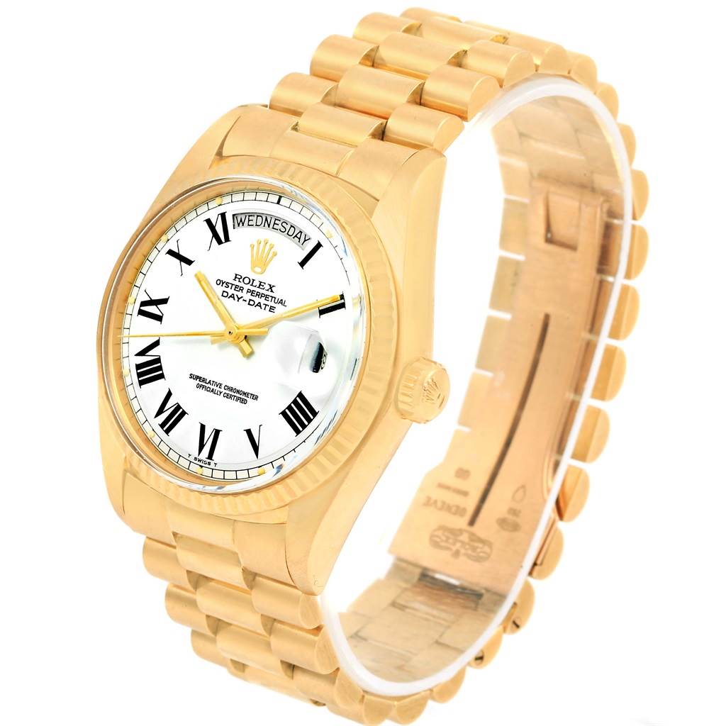 The image shows a Rolex President 1803 Men's Yellow Gold White Dial 1803 Men's Yellow Gold White Dial model watch from a front-left angle, displaying the face, bezel, crown, and bracelet.
