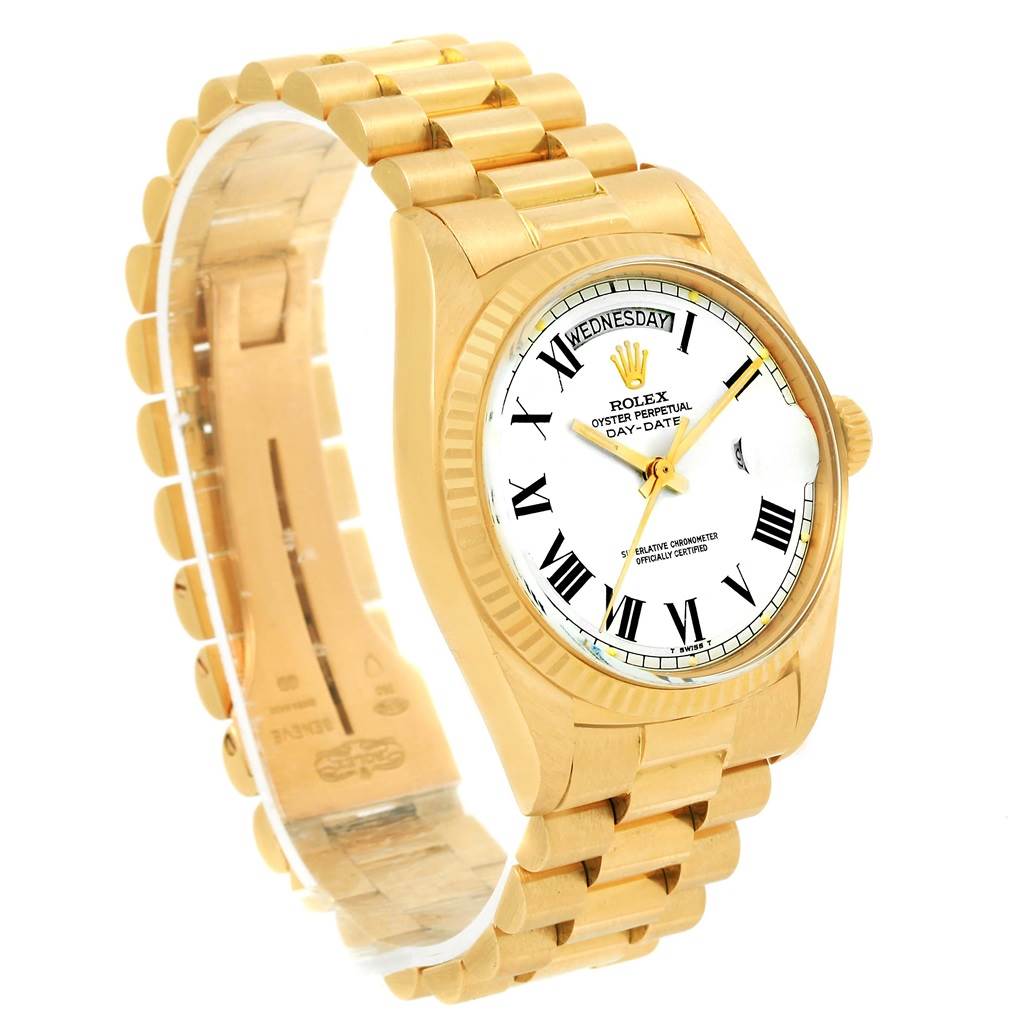 The image shows a Rolex President 1803 Men's Yellow Gold White Dial 1803 Men's Yellow Gold White Dial model watch from an angled side view, displaying the watch face, bracelet, and part of the clasp.