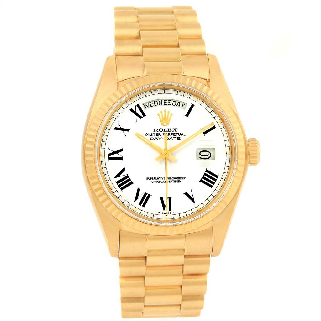 This image shows a frontal view of a Rolex President 1803 Men's Yellow Gold White Dial 1803 Men's Yellow Gold White Dial model watch, including its dial, bezel, and bracelet.