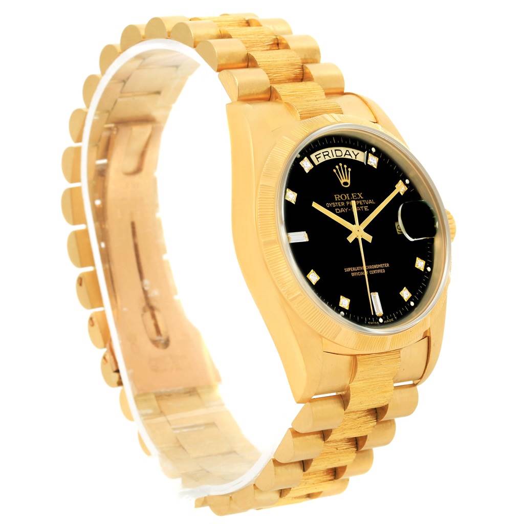 The image shows a side and front angle of the Rolex President 18248 Men's Yellow Gold Black Dial 18248 Men's Yellow Gold Black Dial model watch, highlighting its gold case, band, and black dial.