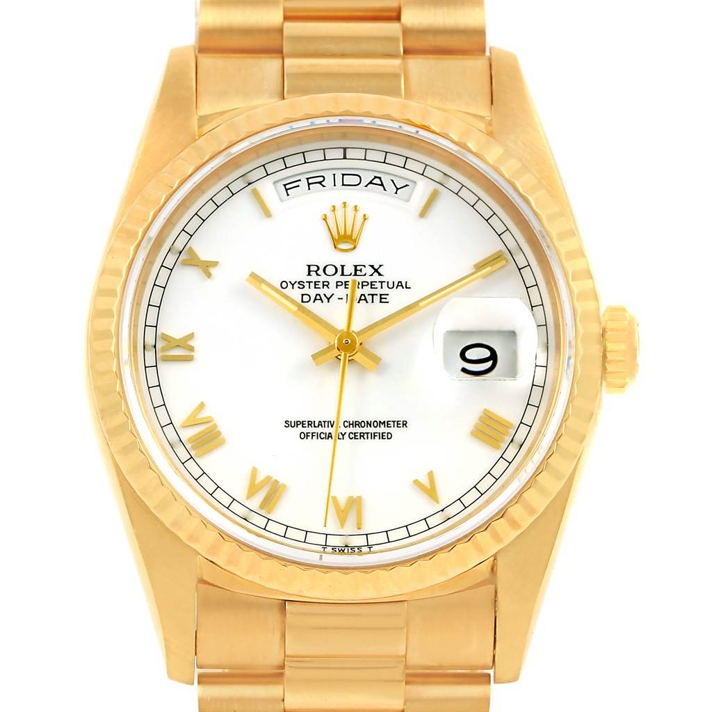 This is a front view of the Rolex President 18238 Men's Yellow Gold White Dial 18238 Men's Yellow Gold White Dial model, showing the watch face, dial, and bracelet.