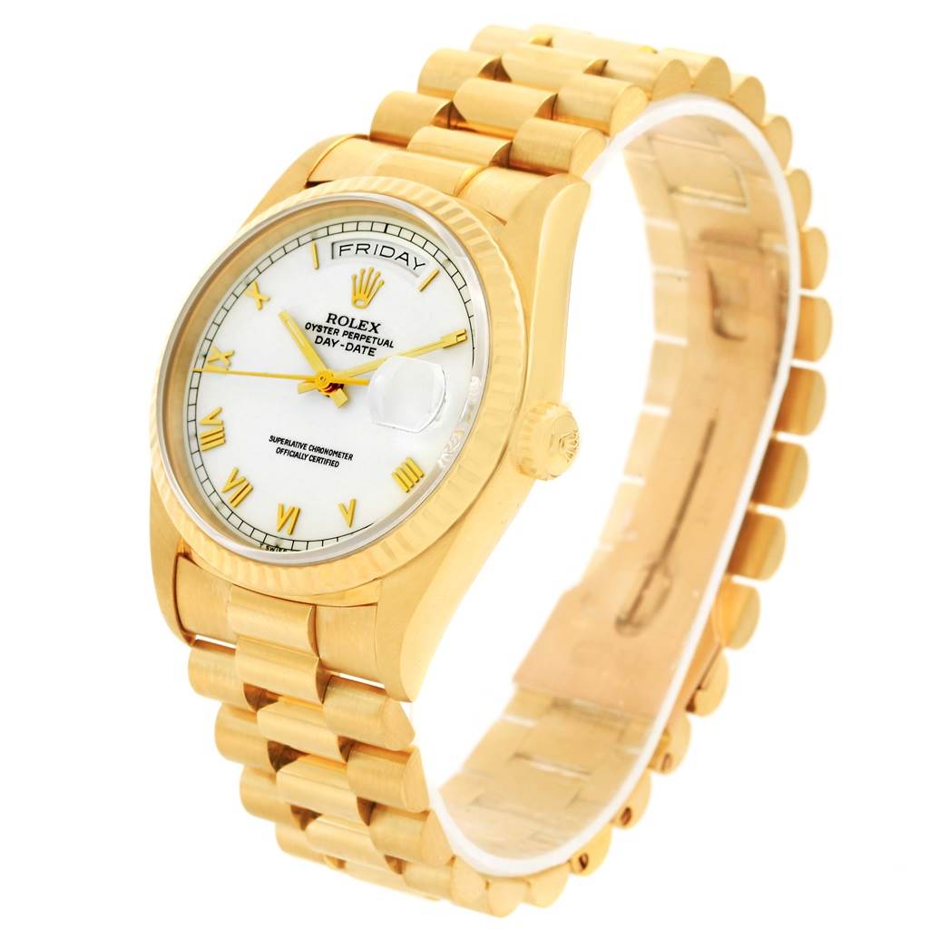 The Rolex President 18238 Men's Yellow Gold White Dial 18238 Men's Yellow Gold White Dial model watch is shown at an angled side view, displaying its gold bracelet, crown, and dial with day-date features.