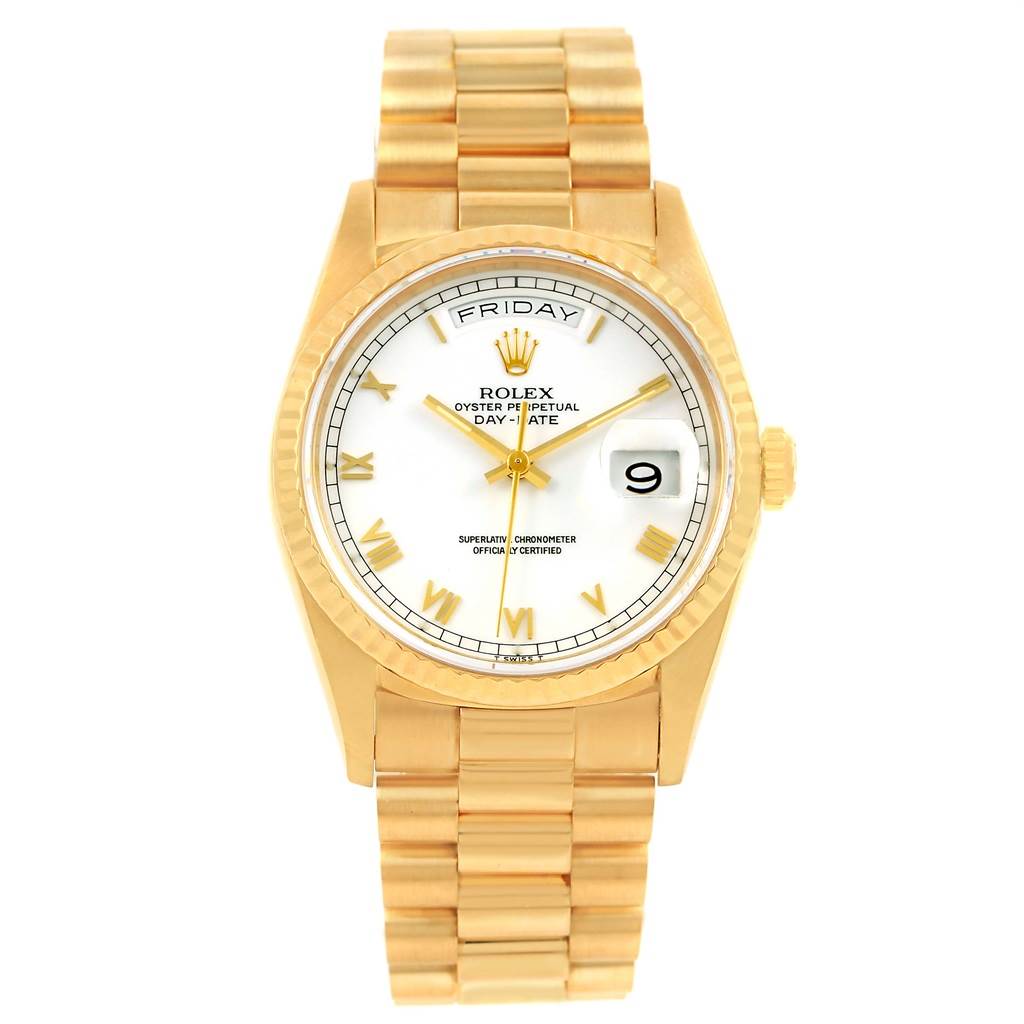 The Rolex President 18238 Men's Yellow Gold White Dial 18238 Men's Yellow Gold White Dial model watch is shown from a front angle, displaying the face, bezel, and bracelet.