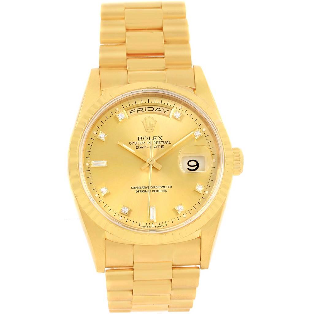 The image shows a front view of a Rolex President 18238 Men's Yellow Gold Champagne Dial 18238 Men's Yellow Gold Champagne Dial model watch, highlighting the dial, bracelet, day, and date indicators.