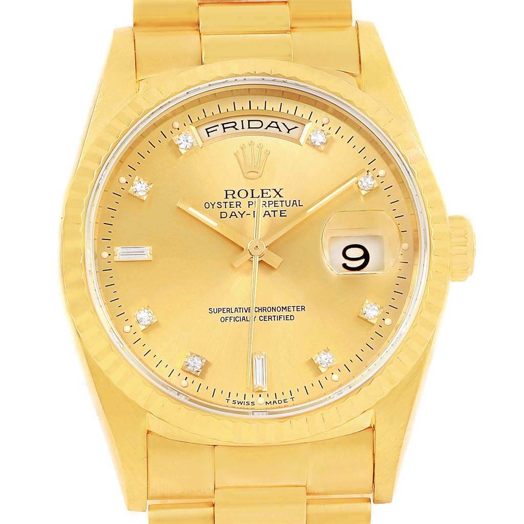 The image shows a frontal view of a Rolex President 18238 Men's Yellow Gold Champagne Dial 18238 Men's Yellow Gold Champagne Dial model watch, including its dial, bracelet, crown, day, and date features.
