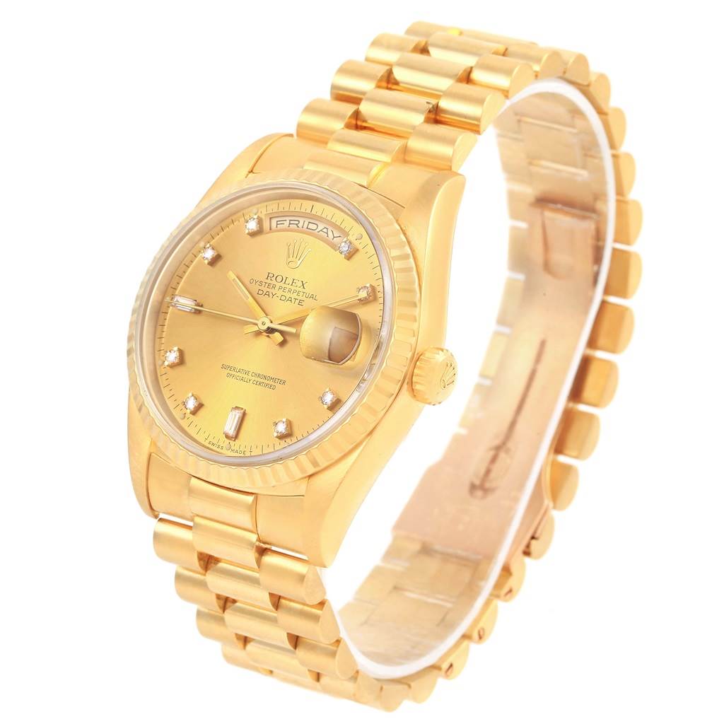 The image shows a Rolex President 18238 Men's Yellow Gold Champagne Dial 18238 Men's Yellow Gold Champagne Dial model watch at a slight angle, highlighting the face, bezel, crown, and part of the bracelet.