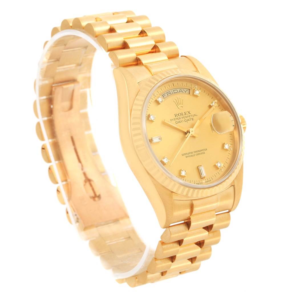 This image shows a Rolex President 18238 Men's Yellow Gold Champagne Dial 18238 Men's Yellow Gold Champagne Dial model watch at a three-quarter angle, highlighting its gold bracelet and dial.