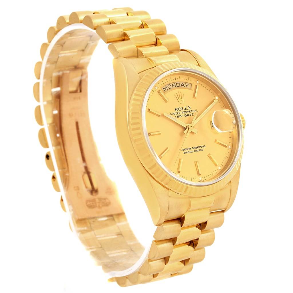 This image shows a side view of a Rolex President 18038 Men's Yellow Gold Champagne Dial 18038 Men's Yellow Gold Champagne Dial model, highlighting its gold case, bracelet, and dial.