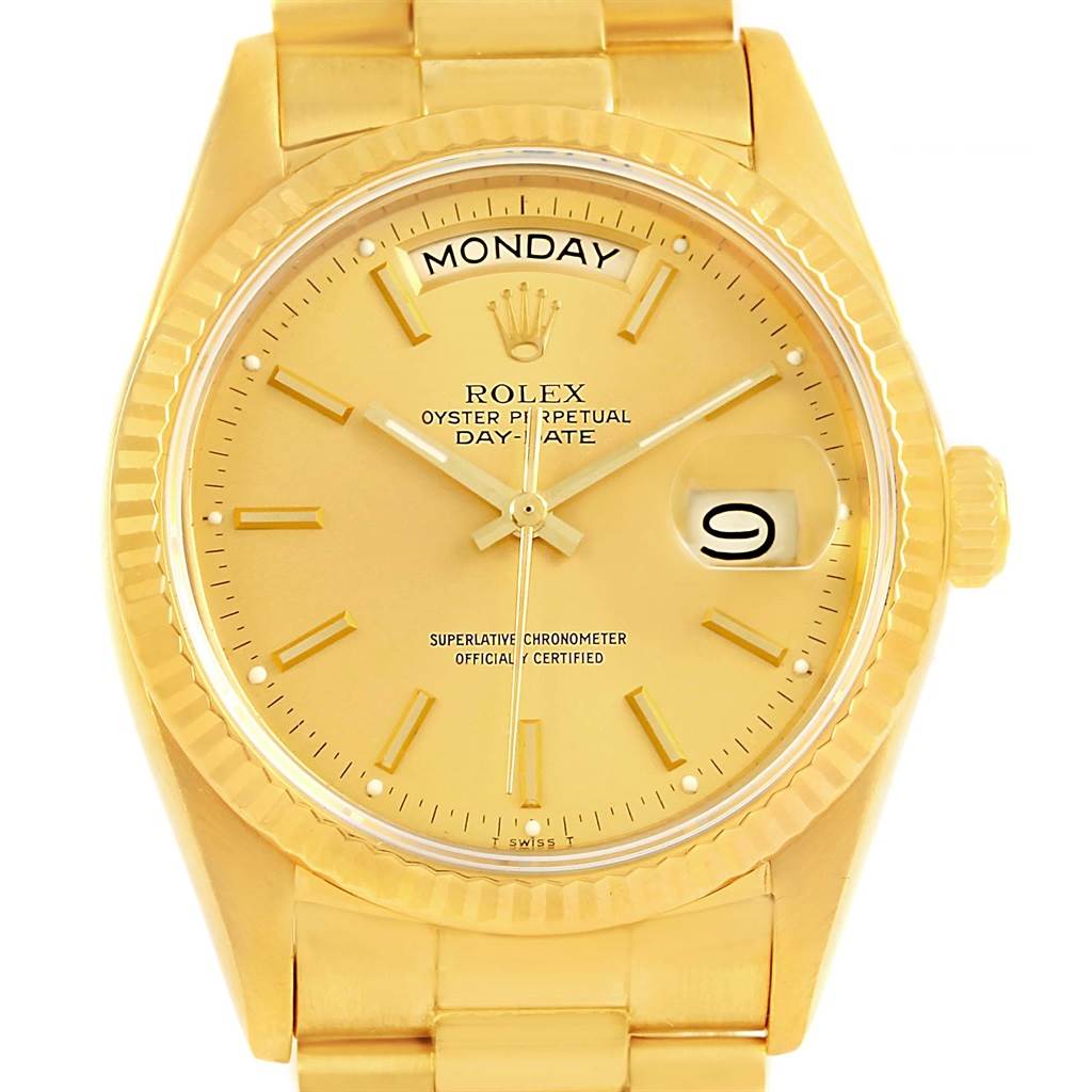 The image shows a frontal view of a Rolex President 18038 Men's Yellow Gold Champagne Dial 18038 Men's Yellow Gold Champagne Dial model watch, displaying its dial, day-date feature, and bracelet.