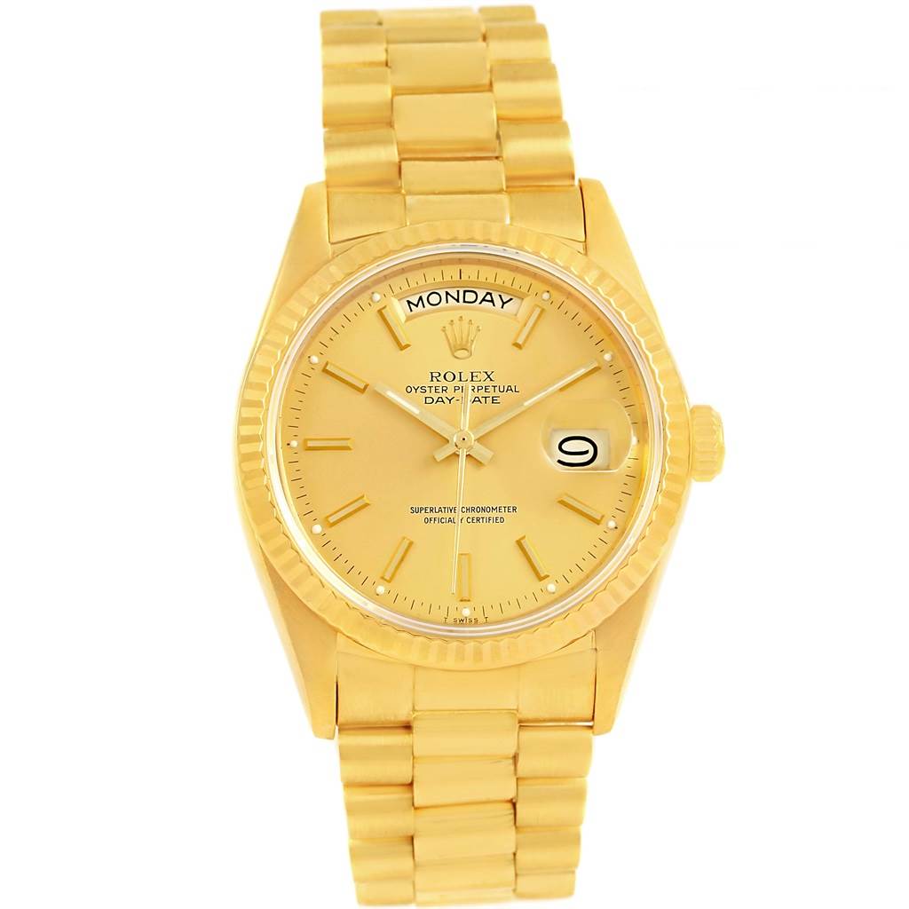 The image shows a Rolex President 18038 Men's Yellow Gold Champagne Dial 18038 Men's Yellow Gold Champagne Dial model watch, displaying a frontal view of the dial, bezel, case, and bracelet.