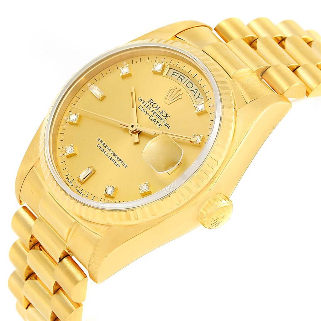 The image shows the front and side angles of the Rolex President 18038 Men's Yellow Gold Champagne Dial 18038 Men's Yellow Gold Champagne Dial model watch, highlighting the face, bracelet, crown, and day/date display.