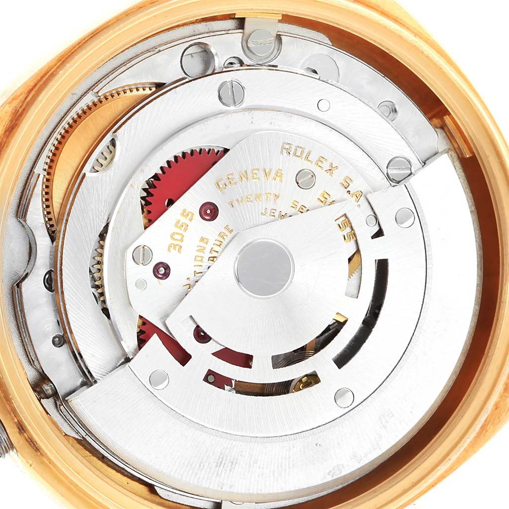 The image shows the internal mechanism of the Rolex President 18038 Men's Yellow Gold Champagne Dial 18038 Men's Yellow Gold Champagne Dial model watch from a back angle, revealing parts like the rotor and gears.