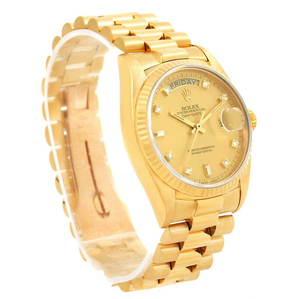 This image shows a side-angle view of a Rolex President 18038 Men's Yellow Gold Champagne Dial 18038 Men's Yellow Gold Champagne Dial model watch, highlighting the dial, case, bezel, and band.