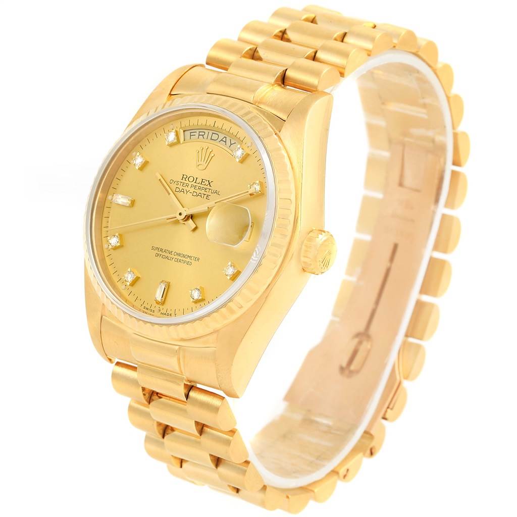 The image shows a Rolex President 18038 Men's Yellow Gold Champagne Dial 18038 Men's Yellow Gold Champagne Dial model watch from a three-quarter angle, featuring the face, crown, and part of the bracelet.