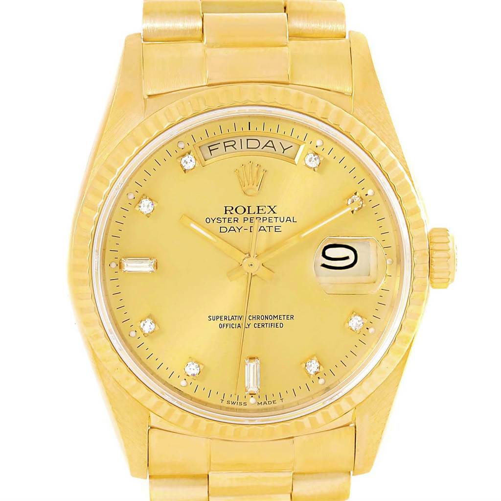 The image shows a Rolex President 18038 Men's Yellow Gold Champagne Dial 18038 Men's Yellow Gold Champagne Dial model watch from the front view, featuring the dial, hands, day-date display, and bracelet.