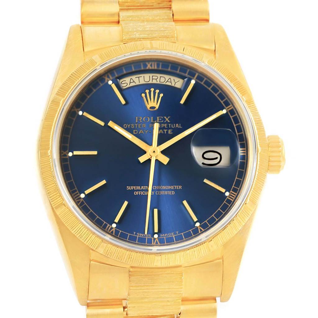 The image shows a front view of a Rolex President 18078 Men's Yellow Gold Blue Dial 18078 Men's Yellow Gold Blue Dial model watch, highlighting the gold case, blue dial, and day-date features.