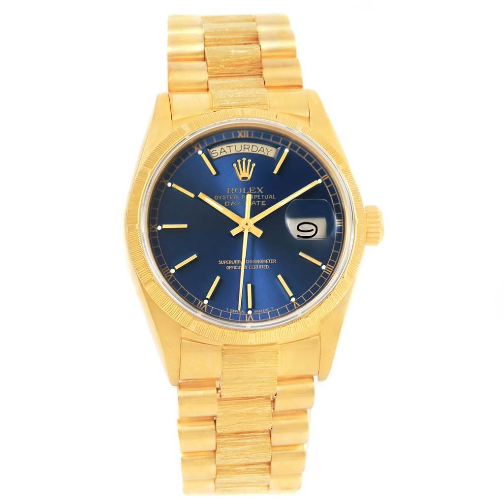The image shows a frontal view of a Rolex President 18078 Men's Yellow Gold Blue Dial 18078 Men's Yellow Gold Blue Dial model with a gold bracelet and a blue dial.