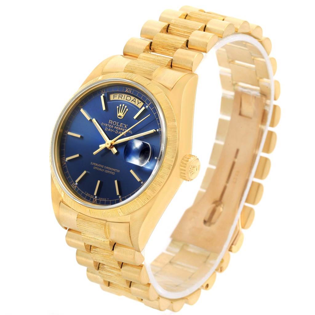 This image shows the Rolex President 18078 Men's Yellow Gold Blue Dial 18078 Men's Yellow Gold Blue Dial model watch from an angled upper side view, showcasing its blue dial, bracelet, and gold finish.