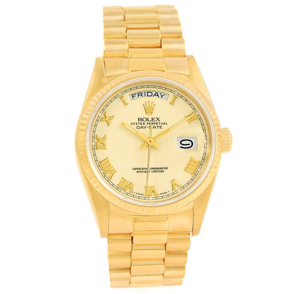 The image shows a Rolex President 18038 Men
s Yellow Gold Beige Dial 18038 Men
s Yellow Gold Beige Dial model watch front-on, displaying the dial, hands, date window, and part of the bracelet.