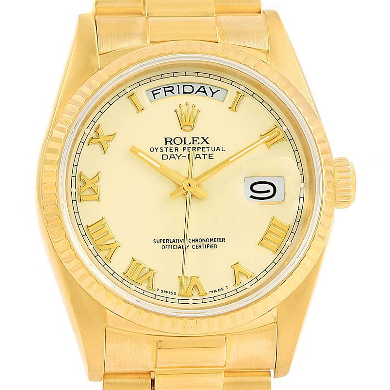 Rolex President Day-Date Yellow Gold Ivory Roman Dial Watch 18038 SwissWatchExpo