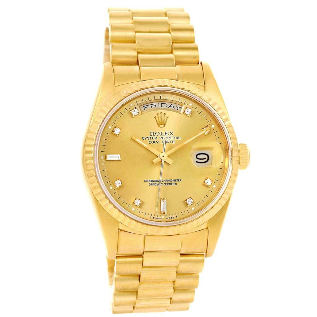 The image shows a frontal view of a Rolex President 18238 Men's Yellow Gold Champagne Dial 18238 Men's Yellow Gold Champagne Dial Day-Date watch, displaying the dial, bracelet, and crown.