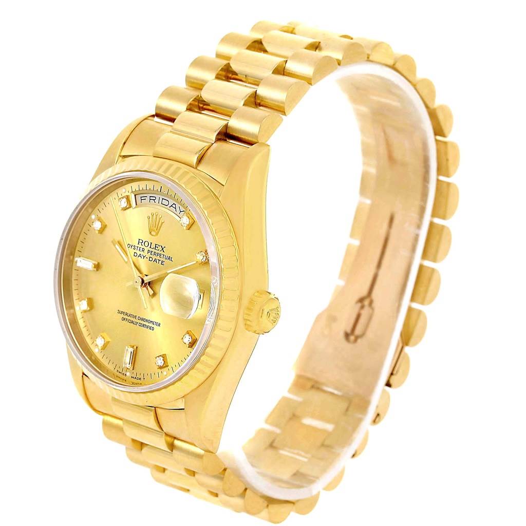 This is a side and front angled view of the Rolex President 18238 Men's Yellow Gold Champagne Dial 18238 Men's Yellow Gold Champagne Dial model watch displaying the bracelet, dial, and crown.