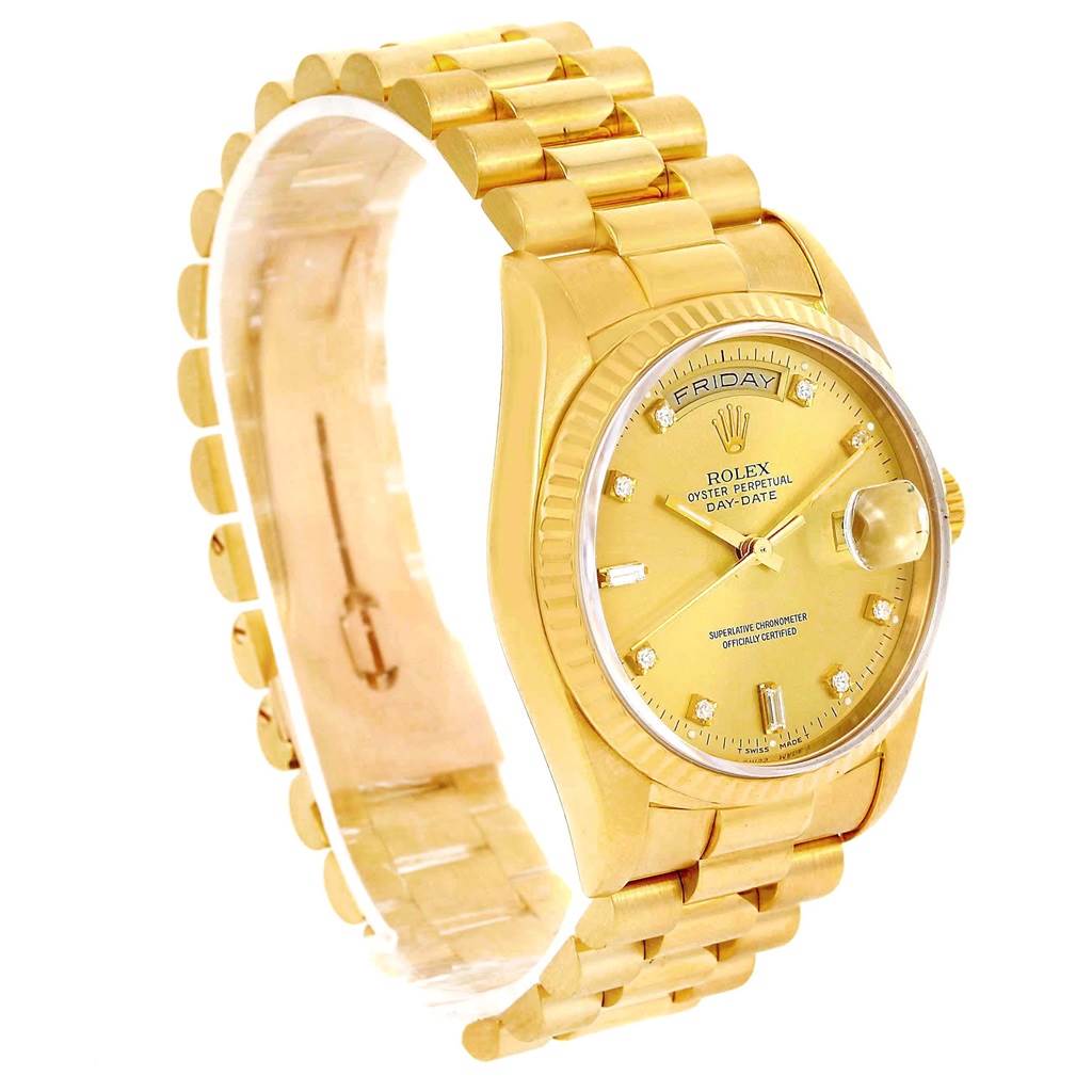 The image shows a Rolex President 18238 Men's Yellow Gold Champagne Dial 18238 Men's Yellow Gold Champagne Dial model watch at a front-right angle, highlighting the dial, bracelet, and clasp.