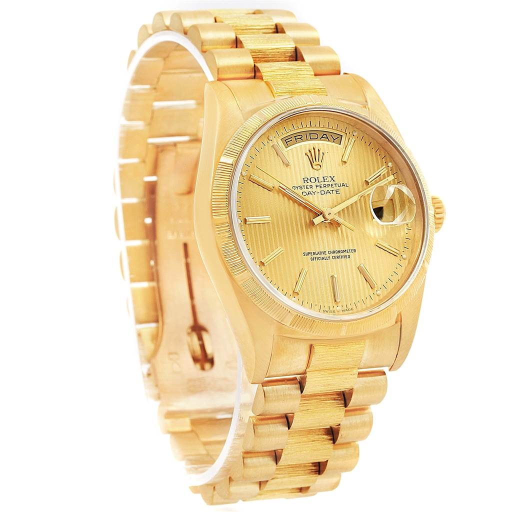 The image shows a gold Rolex President 18248 Men's Yellow Gold Champagne Dial 18248 Men's Yellow Gold Champagne Dial model watch at a three-quarter angle, highlighting the face, strap, and clasp.