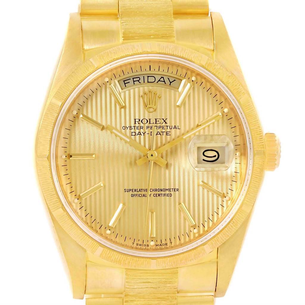 The image shows a frontal view of the Rolex President 18248 Men's Yellow Gold Champagne Dial 18248 Men's Yellow Gold Champagne Dial Day-Date watch, highlighting its gold dial, day display, and bracelet.