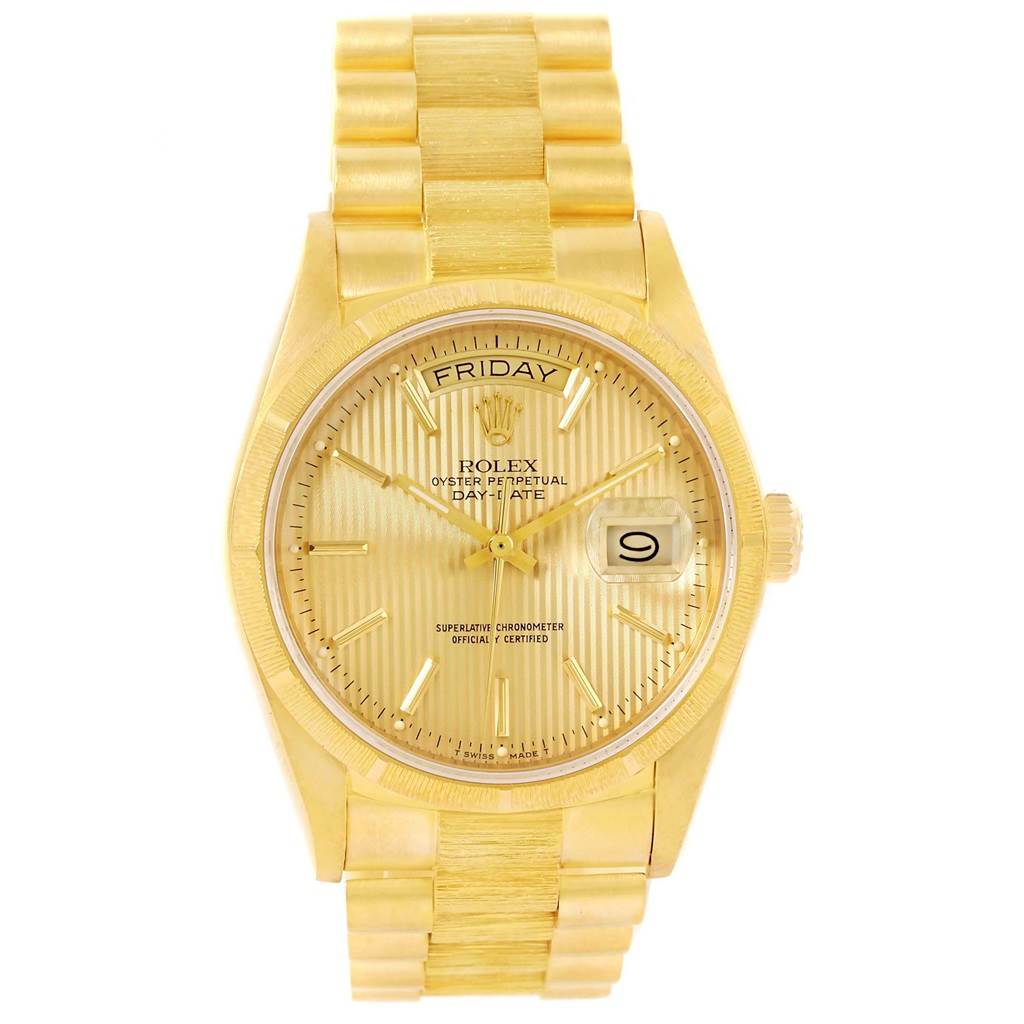 This image shows a front view of a Rolex President 18248 Men's Yellow Gold Champagne Dial 18248 Men's Yellow Gold Champagne Dial model watch, highlighting its dial, day-date feature, and bracelet.