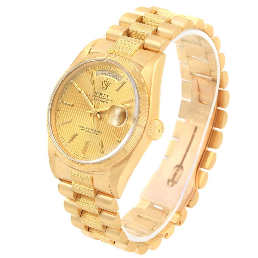 The image shows a front angle of the Rolex President 18248 Men's Yellow Gold Champagne Dial 18248 Men's Yellow Gold Champagne Dial model, highlighting the dial, bracelet, and crown.