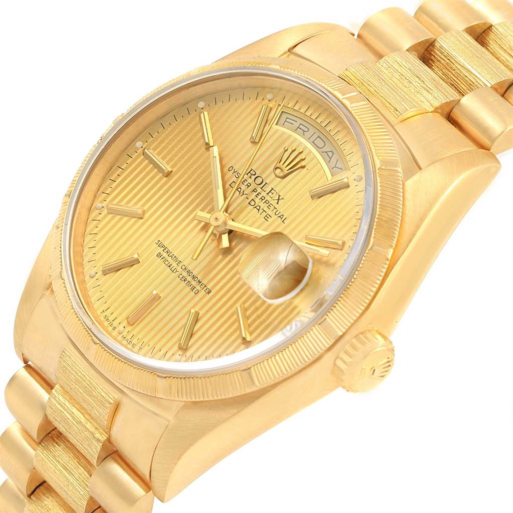 This image shows the Rolex President 18248 Men's Yellow Gold Champagne Dial 18248 Men's Yellow Gold Champagne Dial model watch at a three-quarter angle, highlighting the dial, crown, and band.