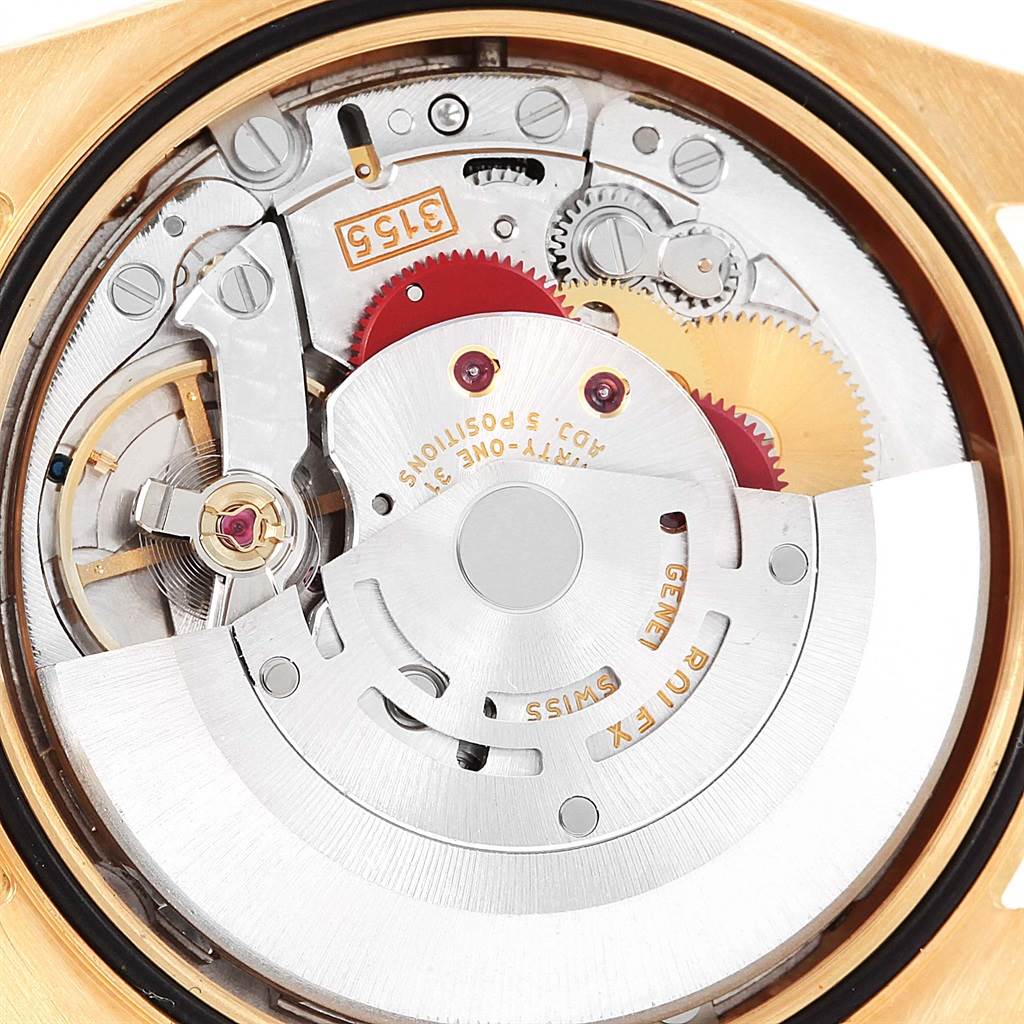 This is a close-up view of the movement mechanism in a Rolex President 118238 Men's Yellow Gold Champagne Dial 118238 Men's Yellow Gold Champagne Dial model watch.