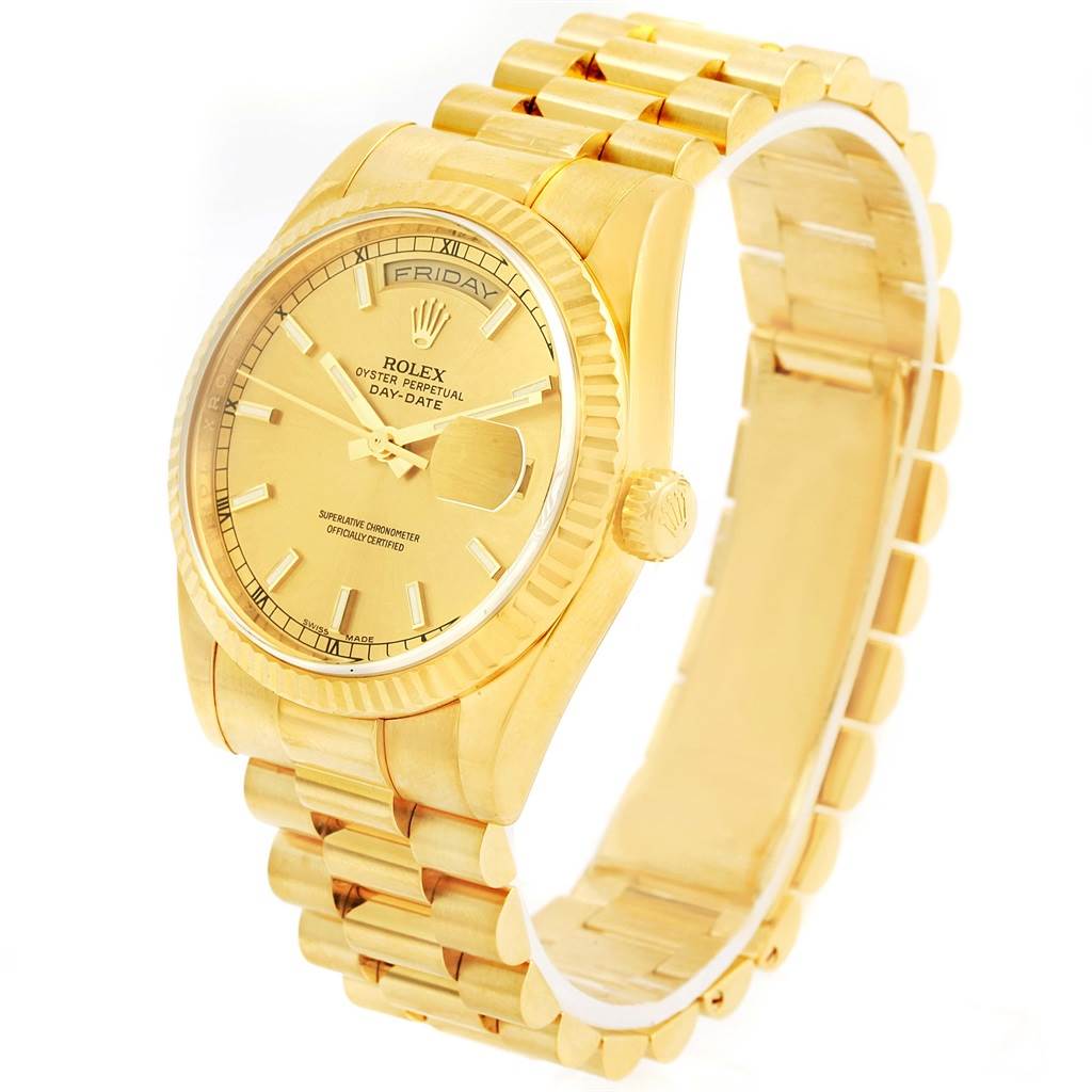 The image shows a side angle of the Rolex President 118238 Men's Yellow Gold Champagne Dial 118238 Men's Yellow Gold Champagne Dial model watch, displaying its face, bezel, and bracelet.