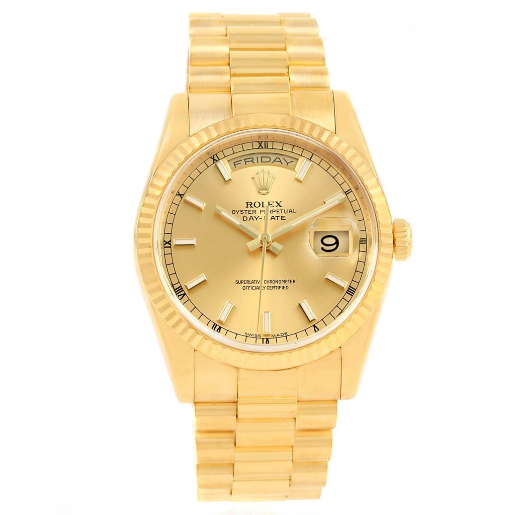 The image shows a front view of a Rolex President 118238 Men's Yellow Gold Champagne Dial 118238 Men's Yellow Gold Champagne Dial model watch, displaying the dial, bezel, crown, and bracelet.