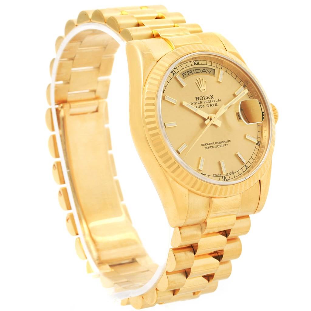 The image shows a side/front angle of the Rolex President 118238 Men's Yellow Gold Champagne Dial 118238 Men's Yellow Gold Champagne Dial model watch, highlighting its gold bracelet, case, and dial.